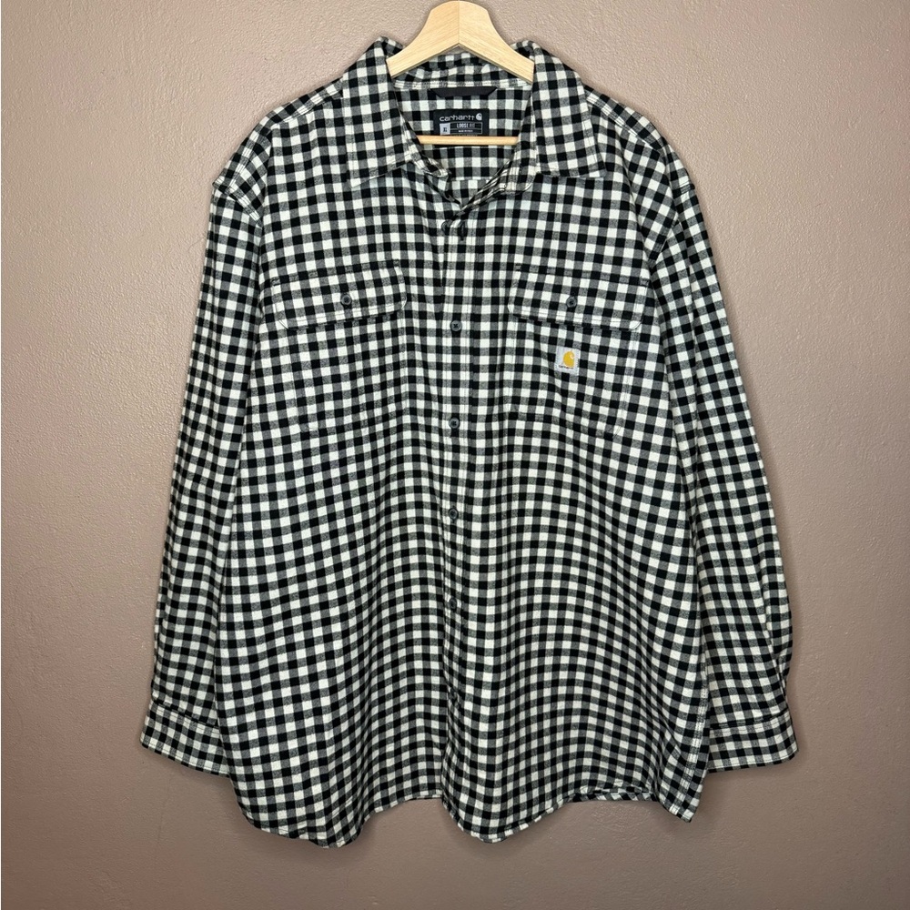 Carhartt Men's Loose Fit Plaid Flannel Long Sleeve Black & White Button Up XL - Picture 2 of 15